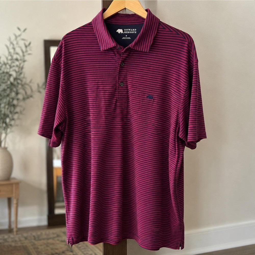 Onward Reserve Men's M Red Navy Striped Polo Shirt Bear Logo Polyester